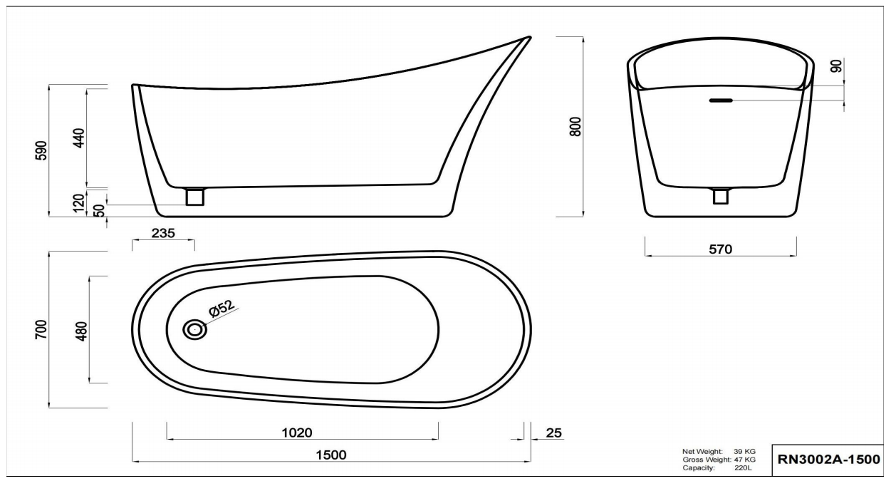 Nora Dea Free Standing Bath with Overflow 1500mm (RN3002B-1500)