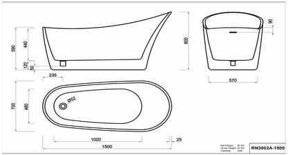 Nora Dea Free Standing Bath with Overflow 1500mm (RN3002B-1500)