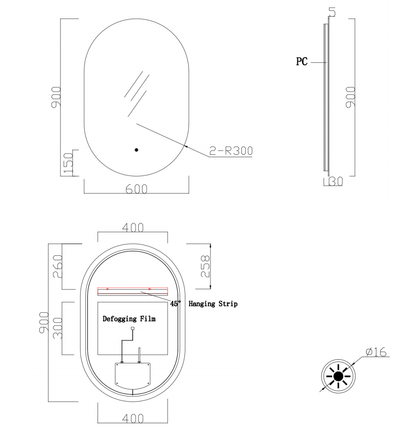 Nora Verona Oval Backlit LED Mirror with Demister (JM-OVAL-6090BL)